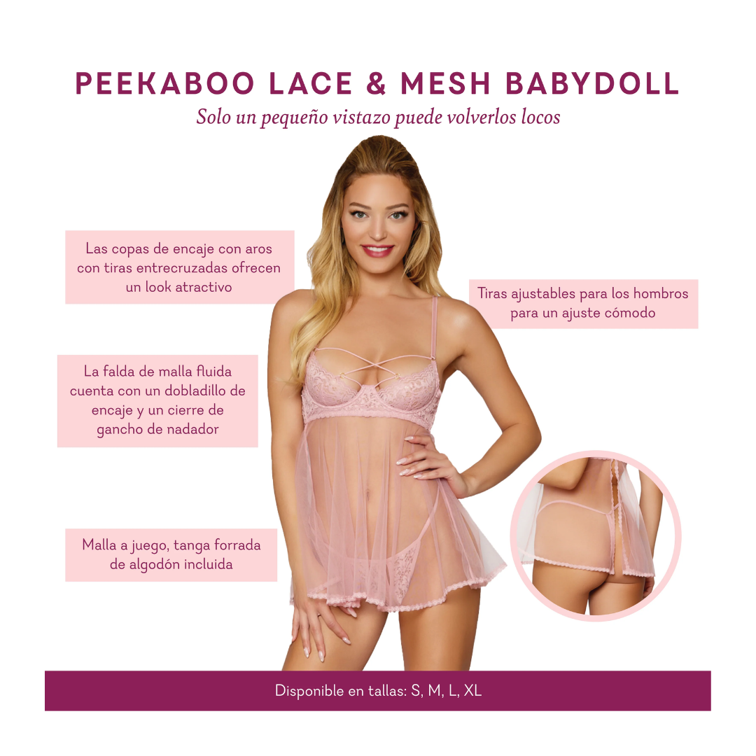 Conjunto babydoll de encaje y malla Peekaboo